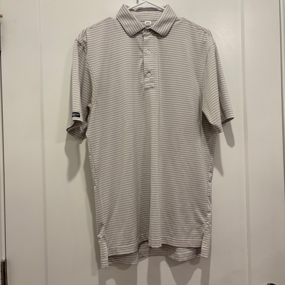 Straight Down Mens Striped Golf Polo Shirt White Grey Short Sleeve Size Small